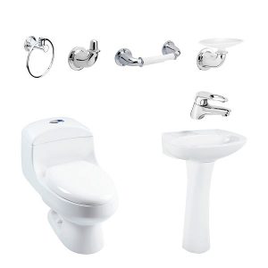 Combo montecarlo para adecuar tu baño con sanitario, lavamanos y griferia con la calidad de la marca corona.