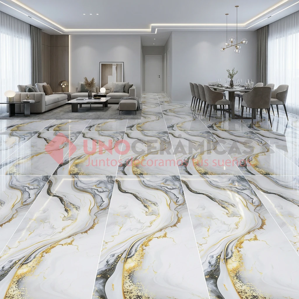 INTERIOR - PORCELANATO GLIMMER WHITE1_1024 Piso de lujo moderno Glimmer White 60x120 instalado en sala comedor amplia - unoceramicas SAS