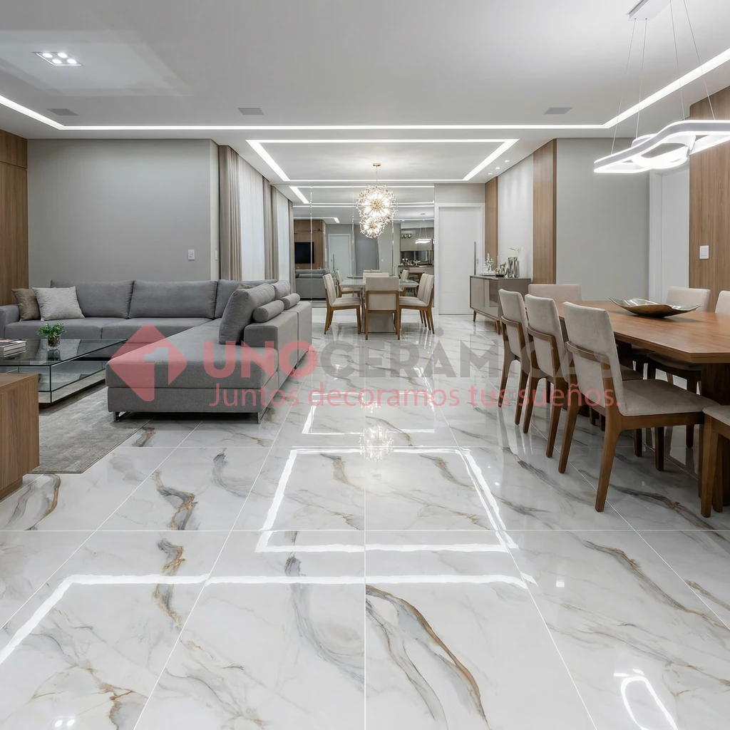 INTERIOR - PORCELANATO MERIDIAN GOLD1_1024 Piso marmolizado brillante Meridian Gold 60x120 en sala de lujo - unoceramicas SAS