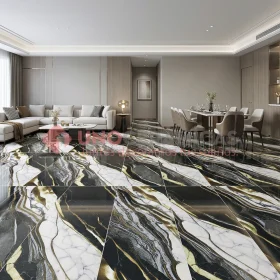 Piso porcelanato negro moderno Radiant Black 60x120 con vetas doradas en ambiente de lujo - unoceramicas SAS