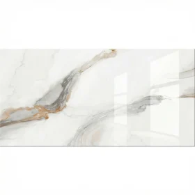 Piso marmolizado brillante Meridian Gold 60x120 en sala de lujo - unoceramicas SAS