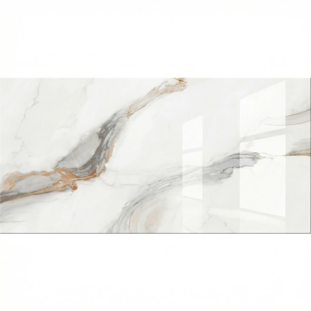 PORCELANATO MERIDIAN GOLD 60X120 Piso marmolizado brillante Meridian Gold 60x120 en sala de lujo - unoceramicas SAS