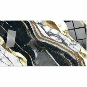 Piso porcelanato negro moderno Radiant Black 60x120 con vetas doradas en ambiente de lujo - unoceramicas SAS